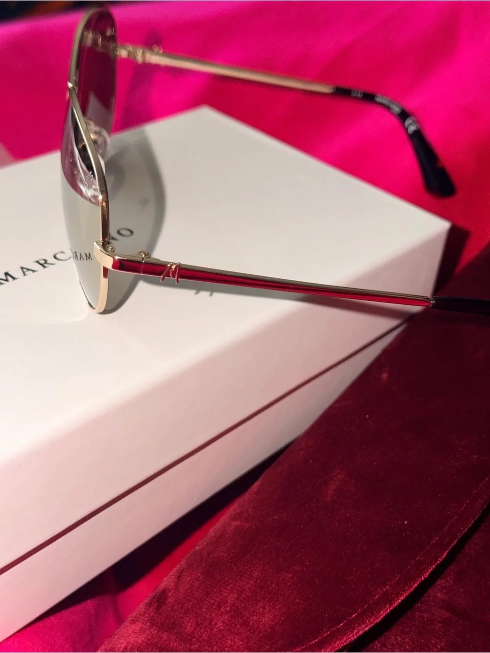 Marciano Gold Aviator Sunglasses with Burgundy Velvet Case and box